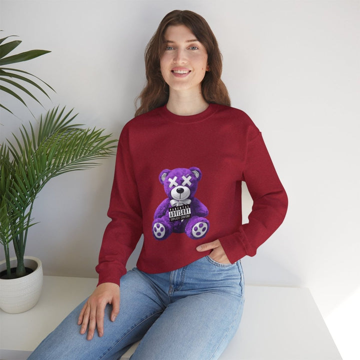 Unisex Heavy Blend™ Crewneck Sweatshirt - Purple Bear Graphic - Unique Streetwear Design - S - Antique Cherry Red - Unisex Heavy Blend™ Crewneck Sweatshirt - Purple Bear Graphic - Unique Streetwear Design - Tatoo Tee