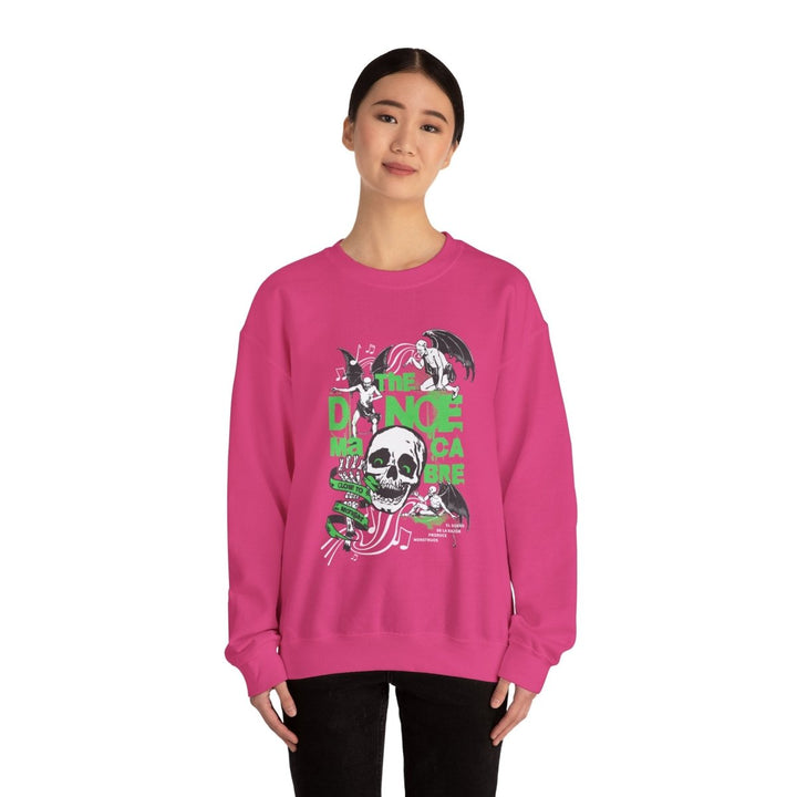 Unisex Heavy Blend™ Crewneck Sweatshirt - The Dance Macabre Graphic Tee - Perfect for Halloween and Music Lovers - S - Heliconia - Unisex Heavy Blend™ Crewneck Sweatshirt - The Dance Macabre Graphic Tee - Perfect for Halloween and Music Lovers - Tatoo Tee
