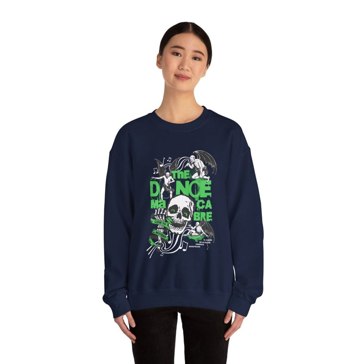 Unisex Heavy Blend™ Crewneck Sweatshirt - The Dance Macabre Graphic Tee - Perfect for Halloween and Music Lovers - S - Navy - Unisex Heavy Blend™ Crewneck Sweatshirt - The Dance Macabre Graphic Tee - Perfect for Halloween and Music Lovers - Tatoo Tee