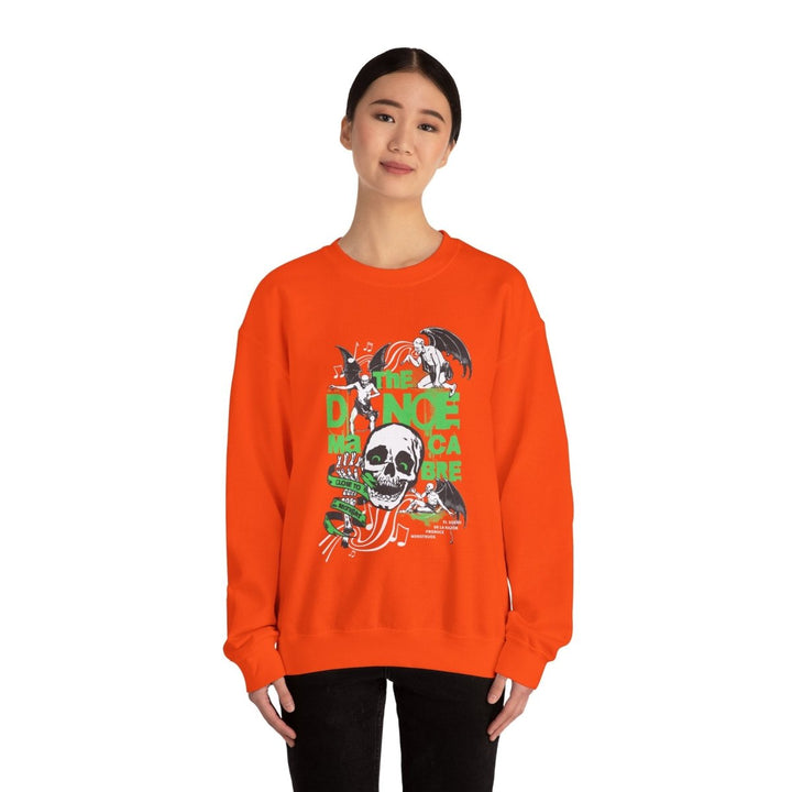 Unisex Heavy Blend™ Crewneck Sweatshirt - The Dance Macabre Graphic Tee - Perfect for Halloween and Music Lovers - S - Orange - Unisex Heavy Blend™ Crewneck Sweatshirt - The Dance Macabre Graphic Tee - Perfect for Halloween and Music Lovers - Tatoo Tee