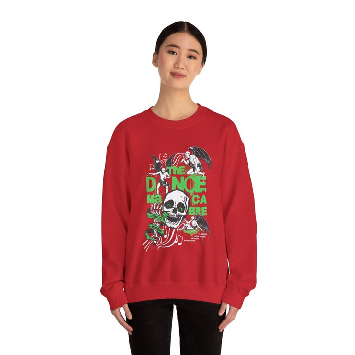 Unisex Heavy Blend™ Crewneck Sweatshirt - The Dance Macabre Graphic Tee - Perfect for Halloween and Music Lovers - S - Red - Unisex Heavy Blend™ Crewneck Sweatshirt - The Dance Macabre Graphic Tee - Perfect for Halloween and Music Lovers - Tatoo Tee