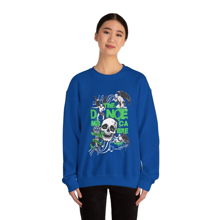Unisex Heavy Blend™ Crewneck Sweatshirt - The Dance Macabre Graphic Tee - Perfect for Halloween and Music Lovers - S - Royal - Unisex Heavy Blend™ Crewneck Sweatshirt - The Dance Macabre Graphic Tee - Perfect for Halloween and Music Lovers - Tatoo Tee