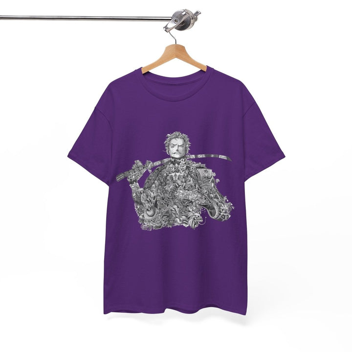 Unisex Heavy Cotton Tee - Artistic Samurai Design, Casual Streetwear for Anime Fans - Purple - S - Unisex Heavy Cotton Tee - Artistic Samurai Design, Casual Streetwear for Anime Fans - Tatoo Tee