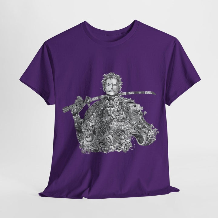 Unisex Heavy Cotton Tee - Artistic Samurai Design, Casual Streetwear for Anime Fans - Purple - S - Unisex Heavy Cotton Tee - Artistic Samurai Design, Casual Streetwear for Anime Fans - Tatoo Tee