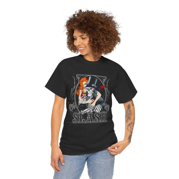 Unisex Heavy Cotton Tee - Retro Slash Design with Skeleton and Redhead - Black - S - Unisex Heavy Cotton Tee - Retro Slash Design with Skeleton and Redhead - Tatoo Tee