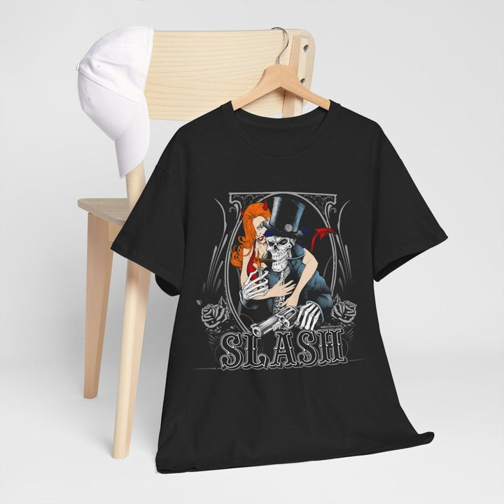 Unisex Heavy Cotton Tee - Retro Slash Design with Skeleton and Redhead - Black - S - Unisex Heavy Cotton Tee - Retro Slash Design with Skeleton and Redhead - Tatoo Tee