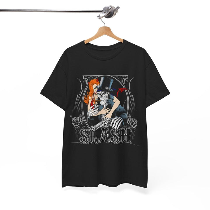 Unisex Heavy Cotton Tee - Retro Slash Design with Skeleton and Redhead - Black - S - Unisex Heavy Cotton Tee - Retro Slash Design with Skeleton and Redhead - Tatoo Tee