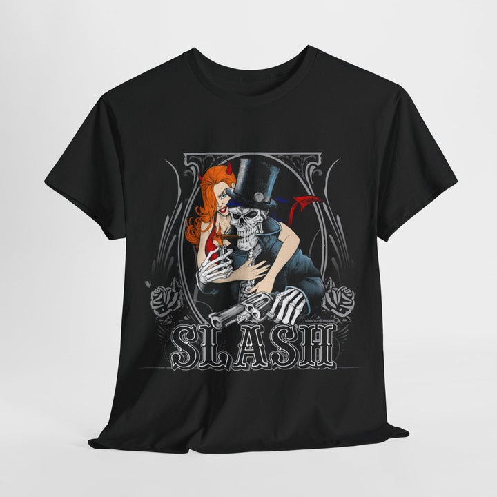 Unisex Heavy Cotton Tee - Retro Slash Design with Skeleton and Redhead - Black - S - Unisex Heavy Cotton Tee - Retro Slash Design with Skeleton and Redhead - Tatoo Tee