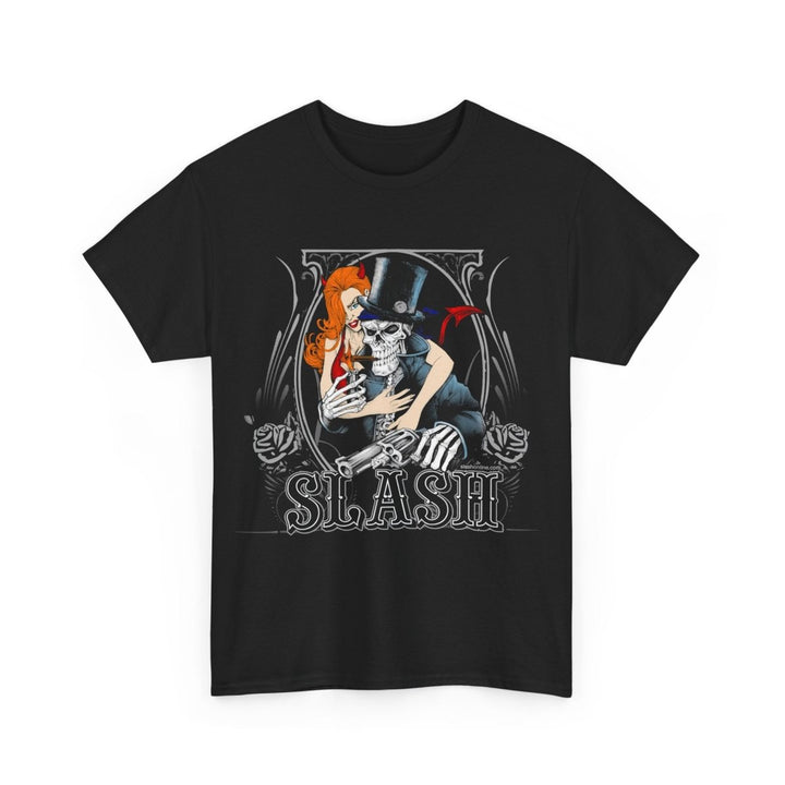 Unisex Heavy Cotton Tee - Retro Slash Design with Skeleton and Redhead - Black - S - Unisex Heavy Cotton Tee - Retro Slash Design with Skeleton and Redhead - Tatoo Tee