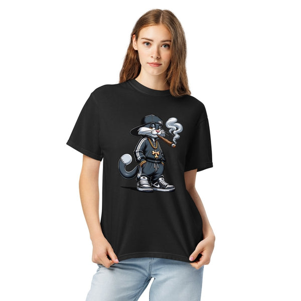 Urban Gangster Cat Unisex garment - dyed heavyweight t-shirt - Black - S - Product mockup - Tatoo Tee
