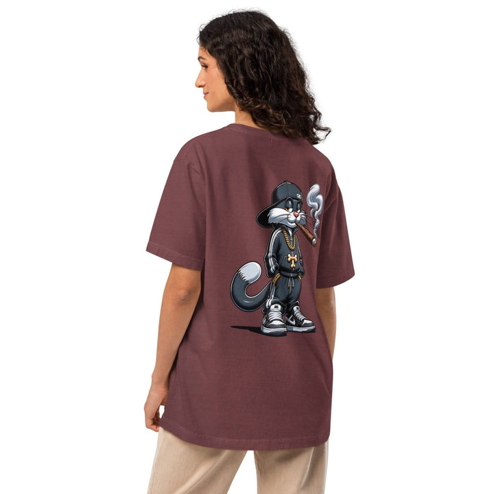 Urban Gangster Cat Unisex oversized t-shirt - Washed Maroon - S - Product mockup - Tatoo Tee