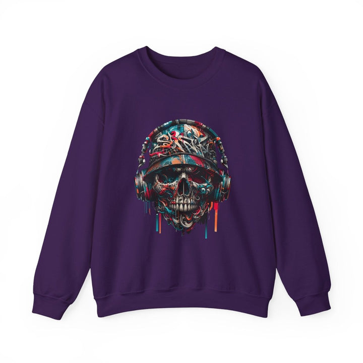 Urban Retro Graffiti Skull Headphone Crewneck Sweatshirt | Unisex Heavy Blend™ - Purple - S - Urban Retro Graffiti Skull Headphone Crewneck Sweatshirt | Unisex Heavy Blend™ - Tatoo Tee