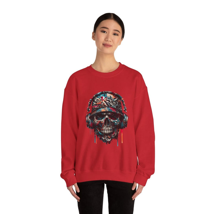 Urban Retro Graffiti Skull Headphone Crewneck Sweatshirt | Unisex Heavy Blend™ - Red - S - Urban Retro Graffiti Skull Headphone Crewneck Sweatshirt | Unisex Heavy Blend™ - Tatoo Tee