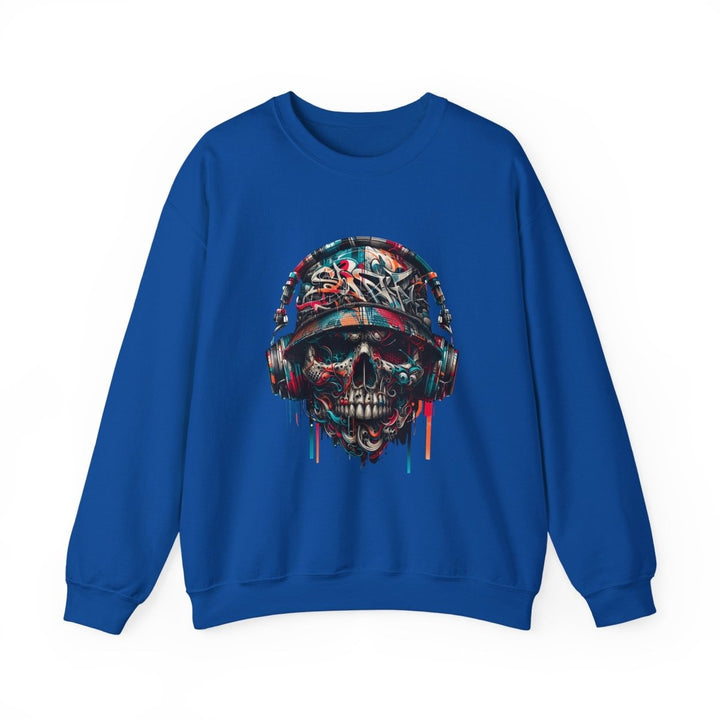 Urban Retro Graffiti Skull Headphone Crewneck Sweatshirt | Unisex Heavy Blend™ - Royal - S - Urban Retro Graffiti Skull Headphone Crewneck Sweatshirt | Unisex Heavy Blend™ - Tatoo Tee