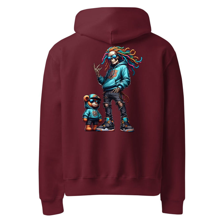 Urban Skeleton Teddy Bear Oversized heavyweight hoodie - Maroon - S - Product mockup - Tatoo Tee