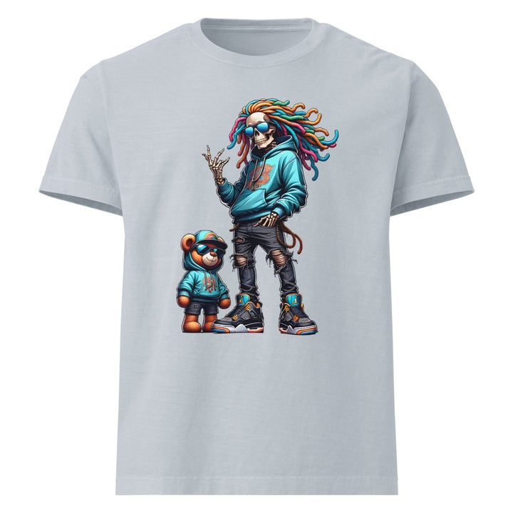 Urban Skeleton Teddy Bear Unisex oversized t-shirt - Light Washed Denim - S - Product mockup - Tatoo Tee