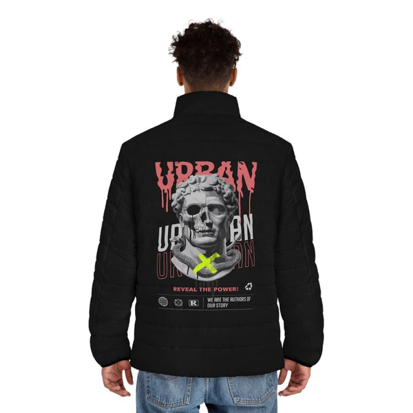 Urban Style Men's Puffer Jacket - Streetwear Statement with Graphic Design - S - Black zipper - Urban Style Men's Puffer Jacket - Streetwear Statement with Graphic Design - Tatoo Tee