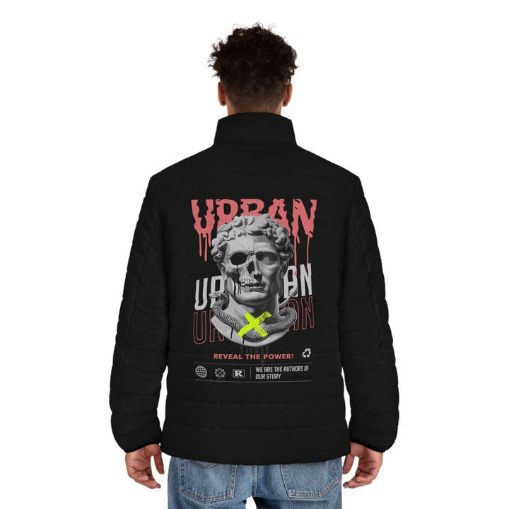 Urban Style Men's Puffer Jacket - Streetwear Statement with Graphic Design - S - Black zipper - Urban Style Men's Puffer Jacket - Streetwear Statement with Graphic Design - Tatoo Tee