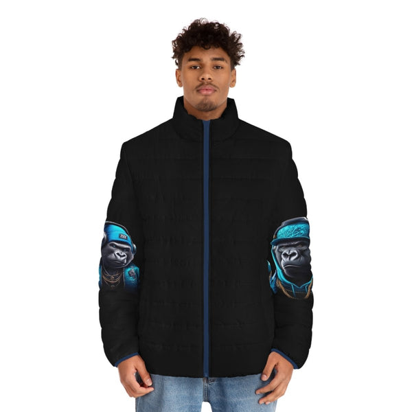 Urban Style Men's Puffer Jacket with Gorilla Artwork - S - Dark blue zipper - Urban Style Men's Puffer Jacket with Gorilla Artwork - Tatoo Tee