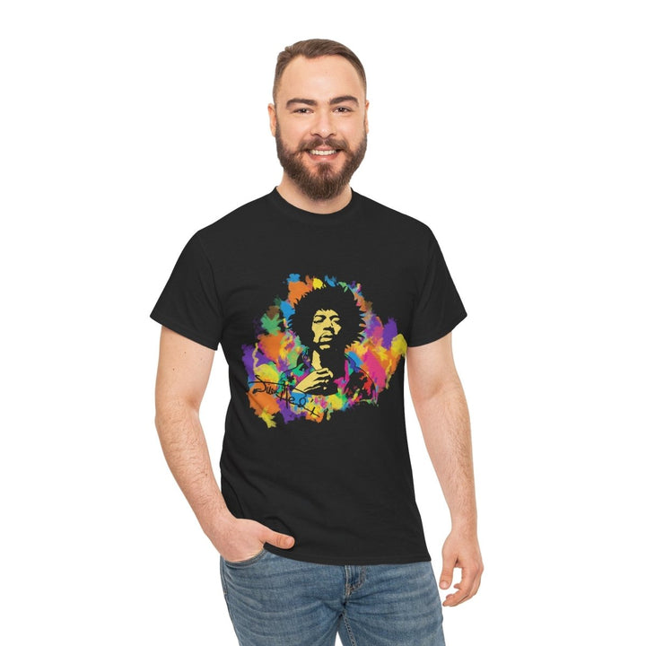 Vibrant Jimi Hendrix Unisex Heavy Cotton Tee - Colorful Rock Legend - Black - S - Vibrant Jimi Hendrix Unisex Heavy Cotton Tee - Colorful Rock Legend - Tatoo Tee