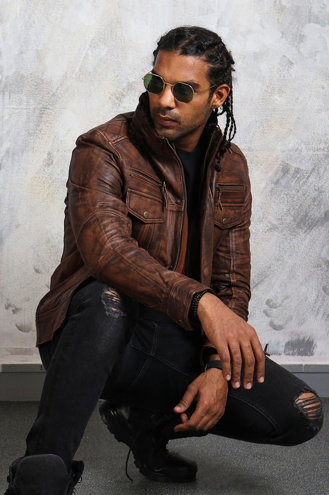 Vintage Biker Brown Leather Jacket with Detachable Fleece - X - Small - Brown - Vintage Biker Brown Leather Jacket with Detachable Fleece - Tatoo Tee