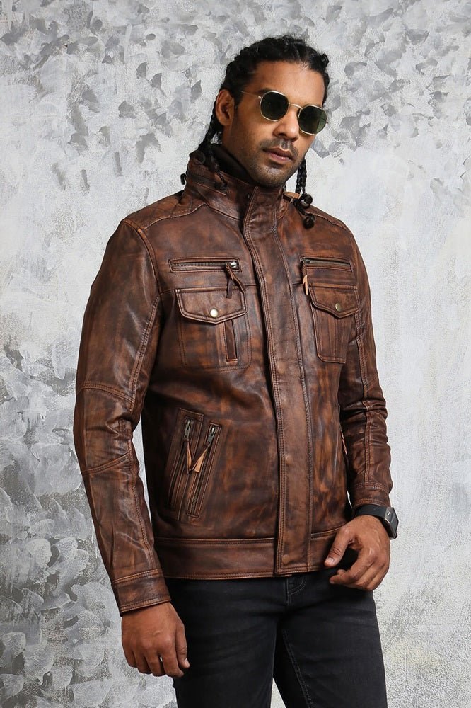Vintage Biker Brown Leather Jacket with Detachable Fleece - X - Small - Brown - Vintage Biker Brown Leather Jacket with Detachable Fleece - Tatoo Tee