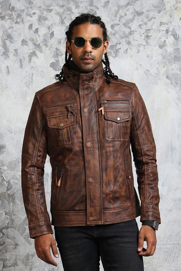 Vintage Biker Brown Leather Jacket with Detachable Fleece - X - Small - Brown - Vintage Biker Brown Leather Jacket with Detachable Fleece - Tatoo Tee