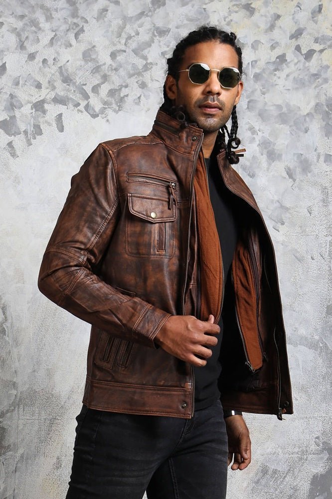 Vintage Biker Brown Leather Jacket with Detachable Fleece - X - Small - Brown - Vintage Biker Brown Leather Jacket with Detachable Fleece - Tatoo Tee