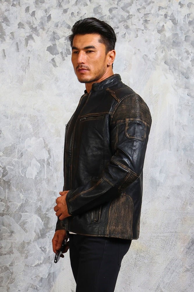 Vintage Distressed Men's Biker Leather Jacket - X - Small - Black - Vintage Distressed Men's Biker Leather Jacket - Tatoo Tee