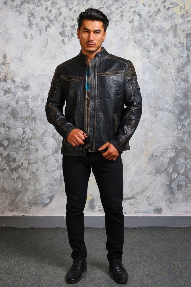 Vintage Distressed Men's Biker Leather Jacket - X - Small - Black - Vintage Distressed Men's Biker Leather Jacket - Tatoo Tee