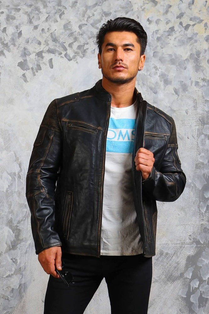 Vintage Distressed Men's Biker Leather Jacket - X - Small - Black - Vintage Distressed Men's Biker Leather Jacket - Tatoo Tee