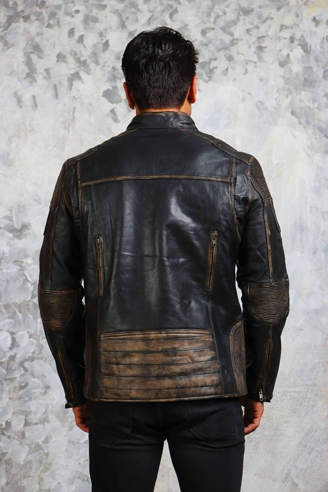 Vintage Distressed Men's Biker Leather Jacket - X - Small - Black - Vintage Distressed Men's Biker Leather Jacket - Tatoo Tee