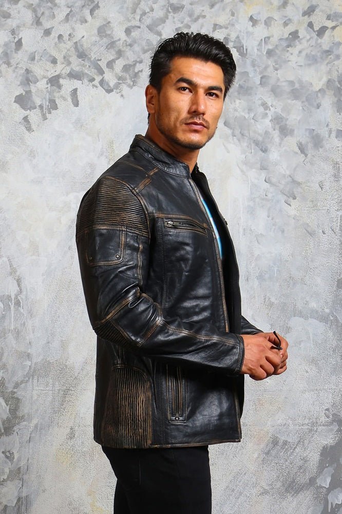 Vintage Distressed Men's Biker Leather Jacket - X - Small - Black - Vintage Distressed Men's Biker Leather Jacket - Tatoo Tee