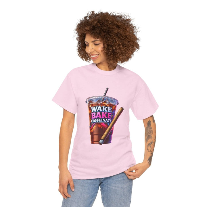 Wake and Caffeinate Unisex Heavy Cotton Tee - Light Pink - S - Wake and Caffeinate Unisex Heavy Cotton Tee - Tatoo Tee