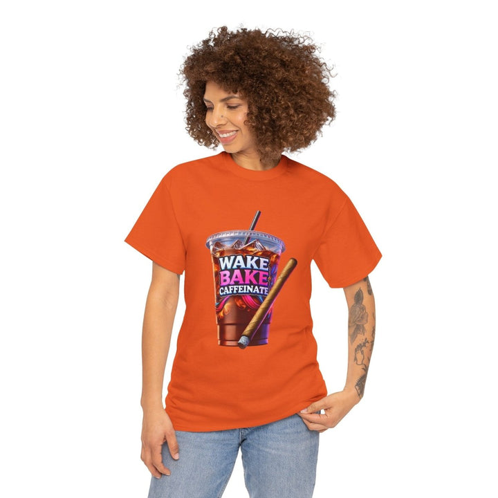 Wake and Caffeinate Unisex Heavy Cotton Tee - Orange - S - Wake and Caffeinate Unisex Heavy Cotton Tee - Tatoo Tee