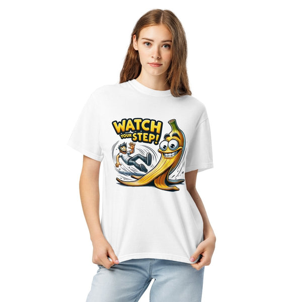 Watch Your Step Unisex garment - dyed heavyweight t-shirt - Black - S - Product mockup - Tatoo Tee