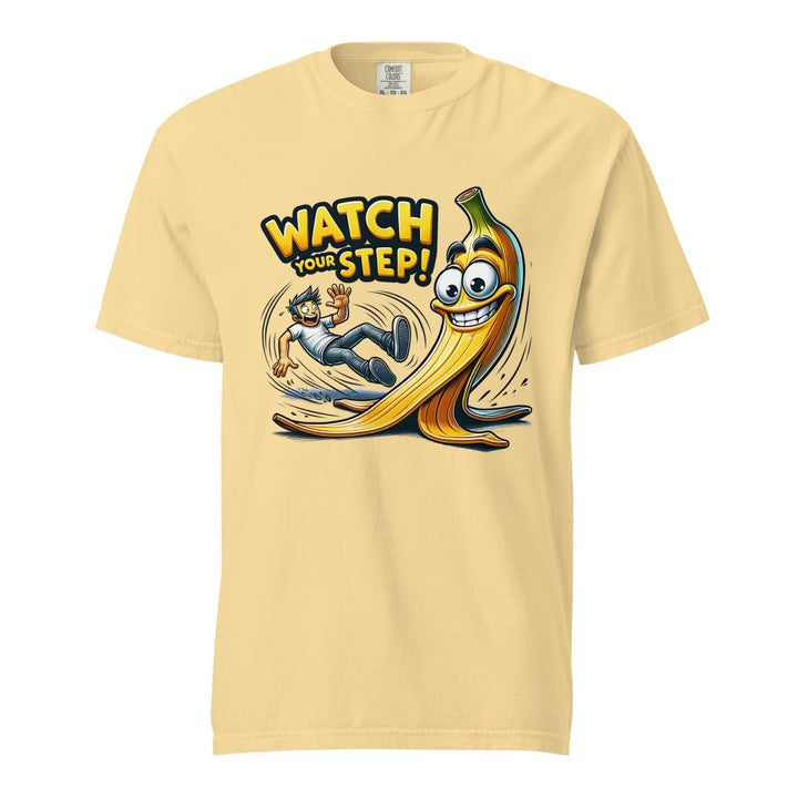 Watch Your Step Unisex garment - dyed heavyweight t-shirt - Butter - S - Product mockup - Tatoo Tee