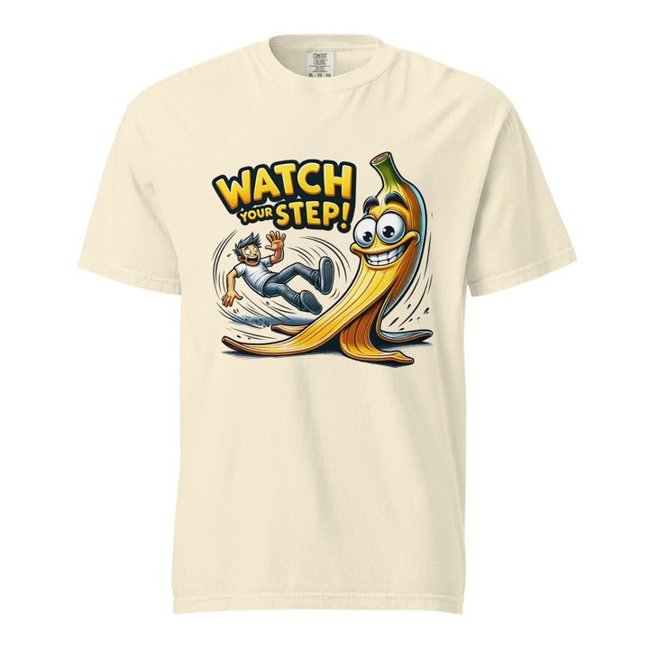 Watch Your Step Unisex garment - dyed heavyweight t-shirt - Ivory - S - Product mockup - Tatoo Tee