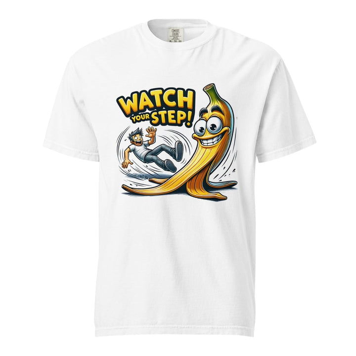 Watch Your Step Unisex garment - dyed heavyweight t-shirt - White - S - Product mockup - Tatoo Tee