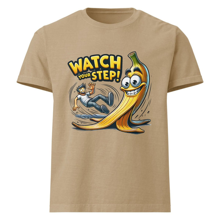 Watch Your Step Unisex oversized t-shirt - Khaki - S - Product mockup - Tatoo Tee