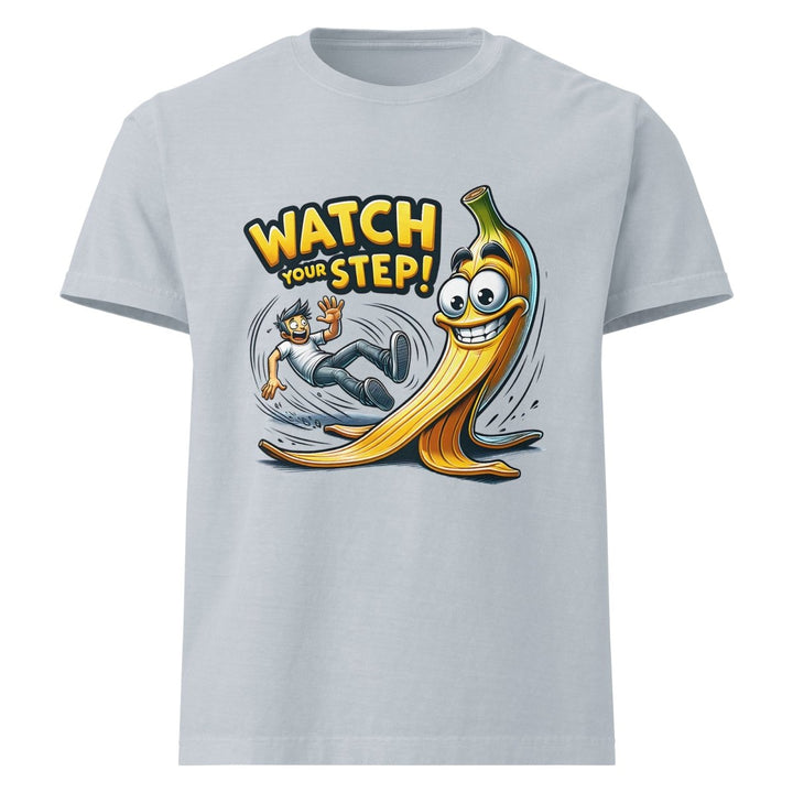 Watch Your Step Unisex oversized t-shirt - Light Washed Denim - S - Product mockup - Tatoo Tee