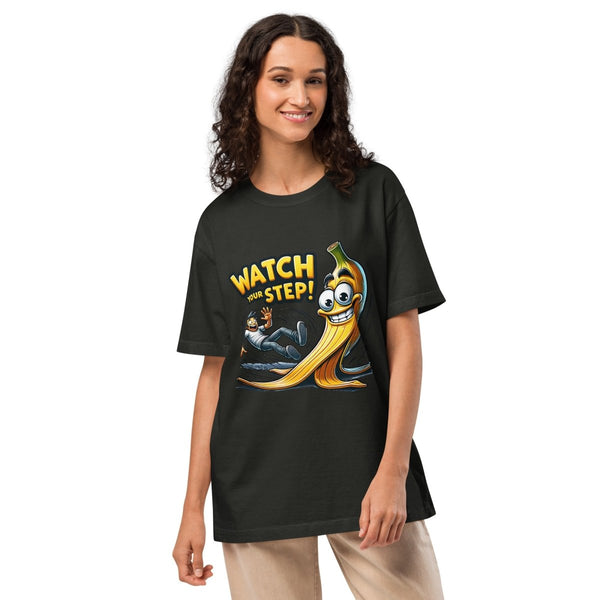 Watch Your Step Unisex oversized t-shirt - Washed Black - S - Product mockup - Tatoo Tee
