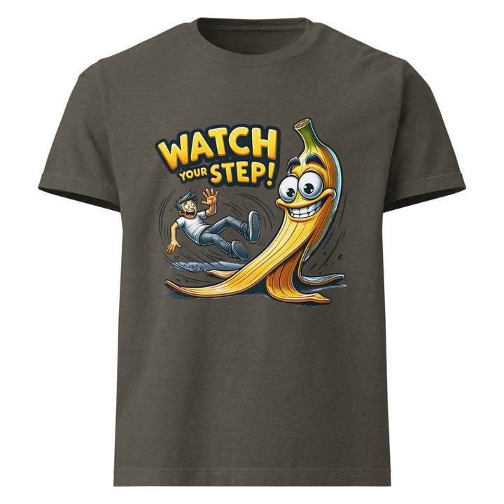 Watch Your Step Unisex oversized t-shirt - Washed Charcoal - S - Product mockup - Tatoo Tee