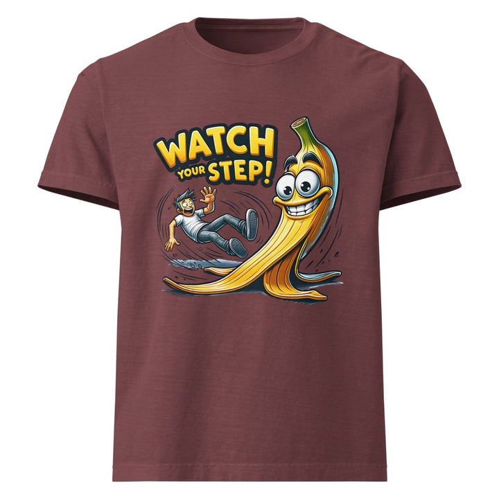 Watch Your Step Unisex oversized t-shirt - Washed Maroon - S - Product mockup - Tatoo Tee