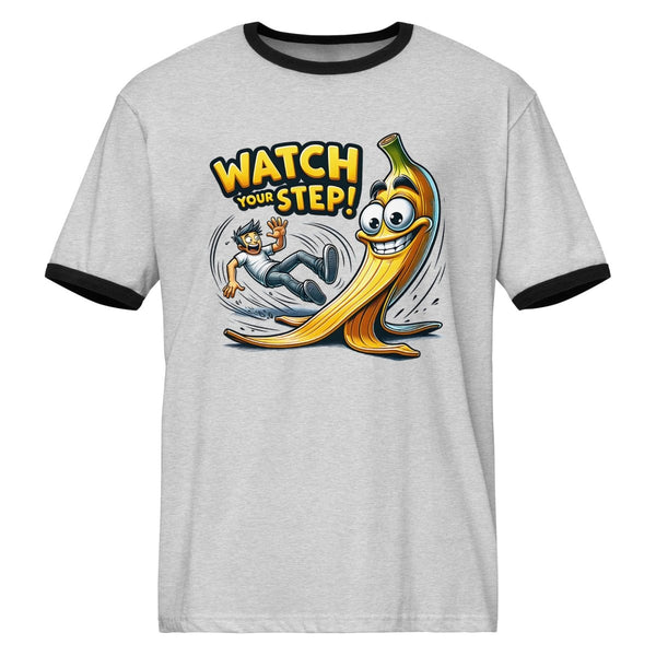 Watch Your Step Unisex ringer t-shirt - Heather Gray / Black - S - Product mockup - Tatoo Tee