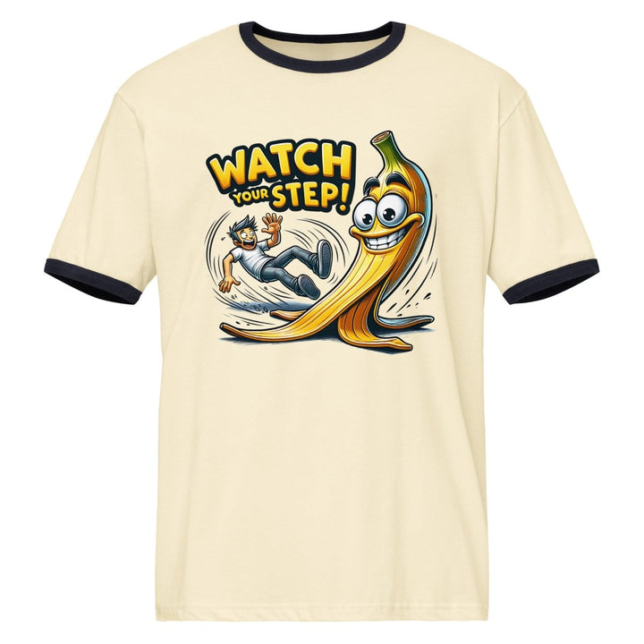 Watch Your Step Unisex ringer t-shirt - Natural / Midnight Navy - S - Product mockup - Tatoo Tee