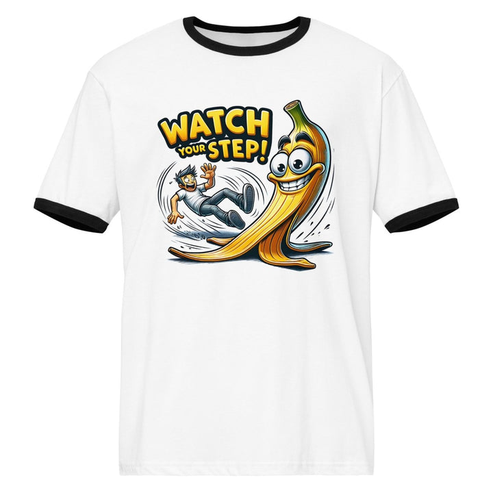 Watch Your Step Unisex ringer t-shirt - White / Black - S - Product mockup - Tatoo Tee