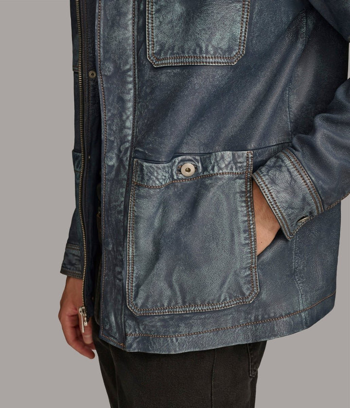 Wesley Denim Leather Chore Jacket - Medium Blue - XS - Wesley Denim Leather Chore Jacket - Tatoo Tee
