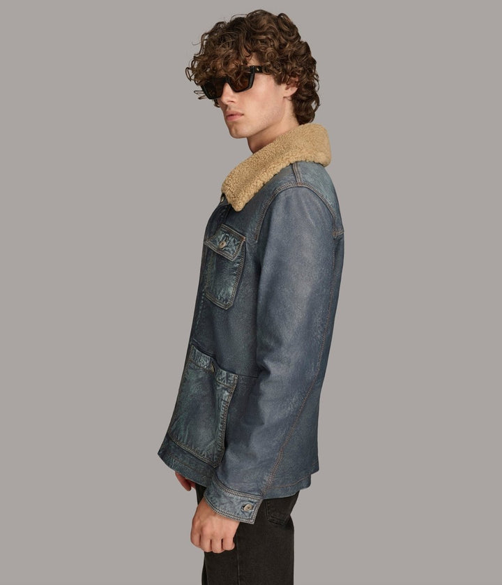 Wesley Denim Leather Chore Jacket - Medium Blue - XS - Wesley Denim Leather Chore Jacket - Tatoo Tee