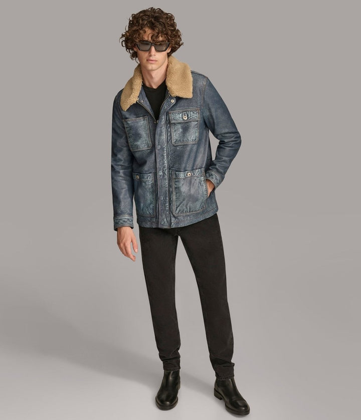 Wesley Denim Leather Chore Jacket - Medium Blue - XS - Wesley Denim Leather Chore Jacket - Tatoo Tee